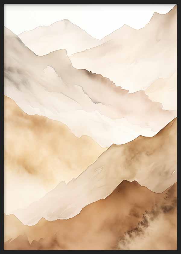 Quadro emoldurado de montanhas sobrepostas em bege, areia, creme e castanho bronzeado, com formas suaves, profundidade leve e estilo de natureza e paisagem. Disponível em kudeko.com