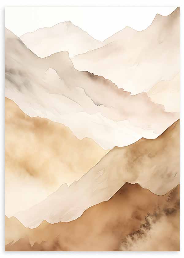 Tableau encadré de montagnes superposées en beige, sable, crème et brun fauve, avec formes douces, profondeur légère et style nature paysager. Disponible sur kudeko.com
