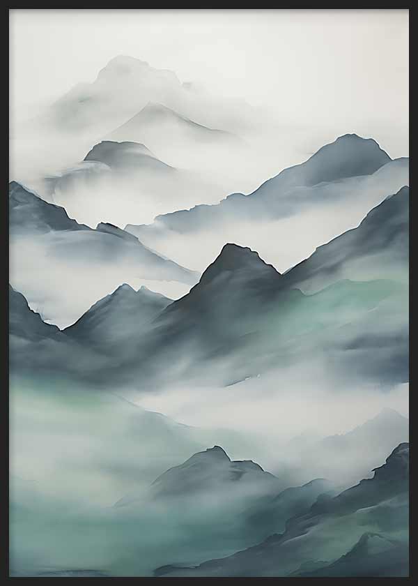 Cuadro de montañas envueltas en niebla, con capas en verde agua, gris azulado y blanco, de estilo naturaleza y paisajes. Disponible en kudeko.com