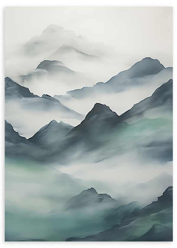 Wandbild mit Bergen im Nebel, geschichteten Formen in Aquagrün, bläulichem Grau und Weiß, im Natur- und Landschaftsstil. Erhältlich auf kudeko.com