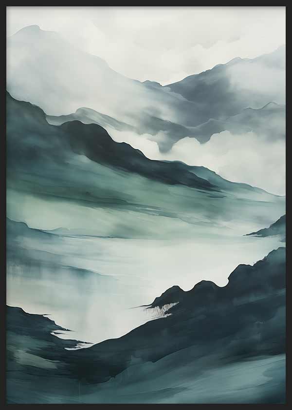 Cuadro con montañas difuminadas, lago envuelto en niebla, tonos verde azulado, gris suave y sombras oscuras, de estilo naturaleza y paisajes. Disponible en kudeko.com