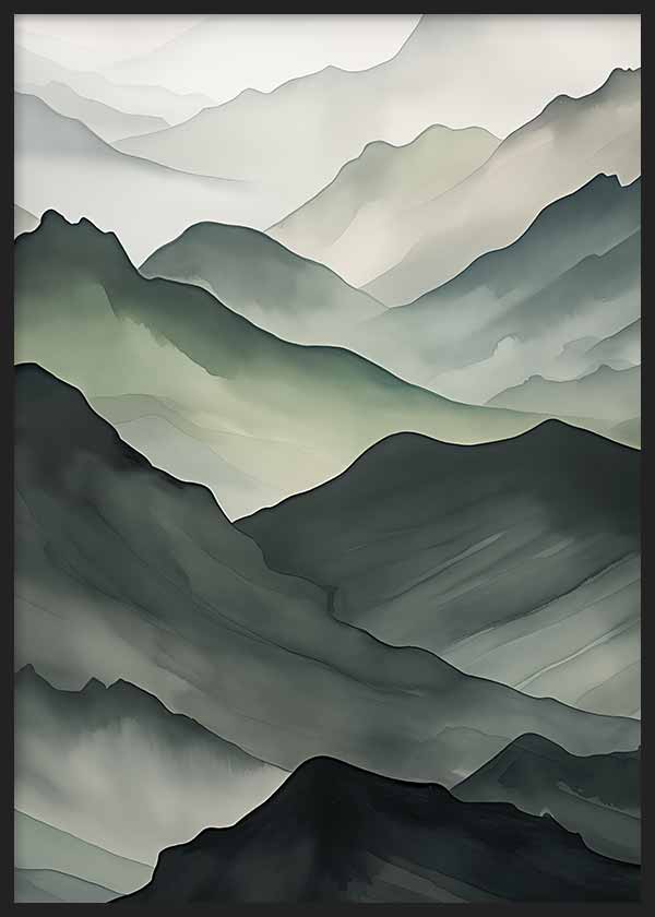 Cuadro de montañas difuminadas entre niebla, con capas en verde salvia, gris suave, marfil y antracita, de estilo naturaleza y paisajes. Disponible en kudeko.com