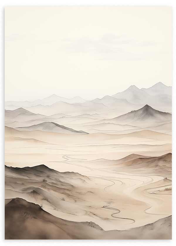 Tableau de paysage désertique avec montagnes brumeuses, rivière sinueuse, tons ivoire, beige, sable et gris doux, dans un style nature et paysages pour une décoration murale apaisante. Disponible sur kudeko.com