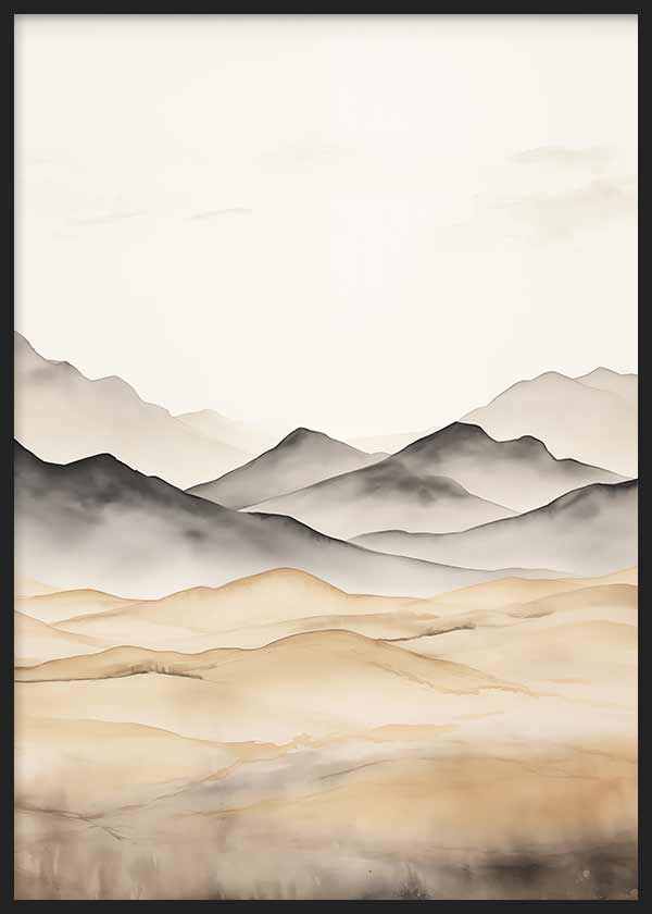 Cuadro de montañas difuminadas entre niebla, con llanuras en tonos marfil, arena, beige y gris oscuro, de estilo naturaleza y paisajes. Disponible en kudeko.com