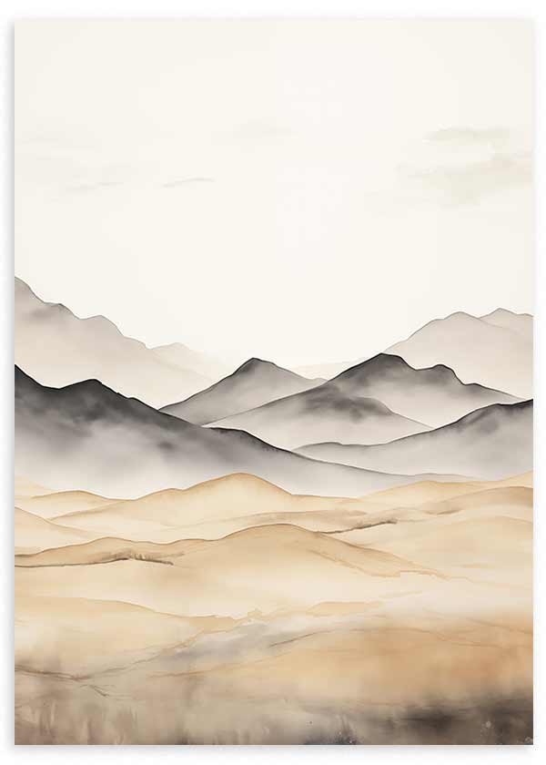 Cuadro de montañas difuminadas entre niebla, con llanuras en tonos marfil, arena, beige y gris oscuro, de estilo naturaleza y paisajes. Disponible en kudeko.com