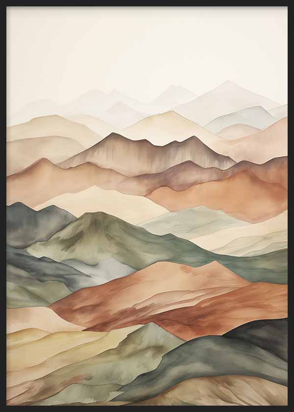 Cuadro de montañas superpuestas en tonos ocre, terracota, beige, verde oliva y gris suave, con estilo naturaleza y paisajes. Disponible en kudeko.com