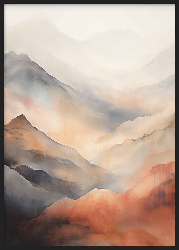 Cuadro de montañas difuminadas entre niebla, con valles etéreos en tonos ocre, terracota, beige y gris azulado, de estilo naturaleza y paisajes. Disponible en kudeko.com