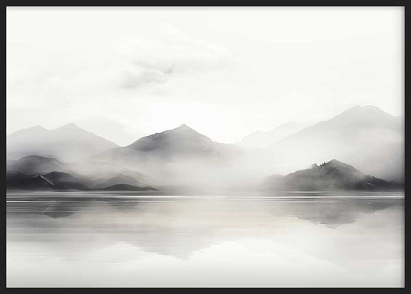 Horizontales Wandbild mit nebligen Bergen, die sich in einem stillen See spiegeln, in Schwarz, Grau und Weiß, im eleganten, ätherischen Naturstil. Erhältlich auf kudeko.com