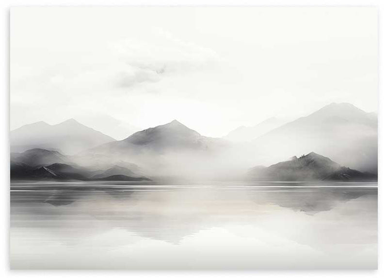 Cuadro horizontal de montañas brumosas reflejadas en un lago sereno, en tonos negro, gris y blanco, de estilo naturaleza y paisajes. Disponible en kudeko.com
