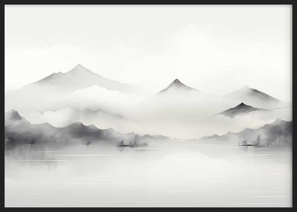 Horizontales Wandbild mit verschwommenen Bergen im Nebel, ruhigem See, kleinen Uferbäumen, in Grau, sanftem Schwarz und Weiß, im Natur- und Landschaftsstil. Erhältlich auf kudeko.com