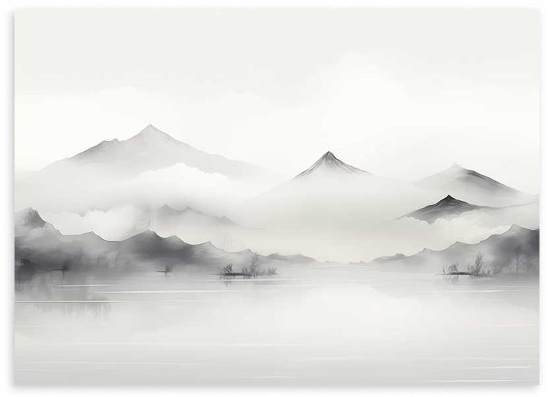 Cuadro horizontal de montañas entre niebla sobre lago tranquilo, en tonos gris, negro suave y blanco, de estilo naturaleza y paisajes. Disponible en kudeko.com