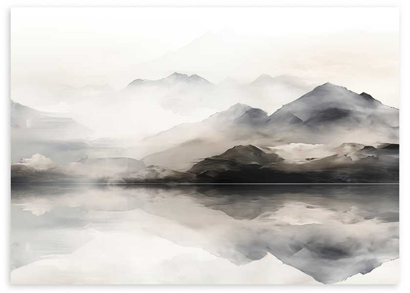 Cuadro horizontal de montañas difuminadas con niebla, lago en calma y reflejos en tonos gris, negro y beige, estilo naturaleza y paisajes. Disponible en kudeko.com