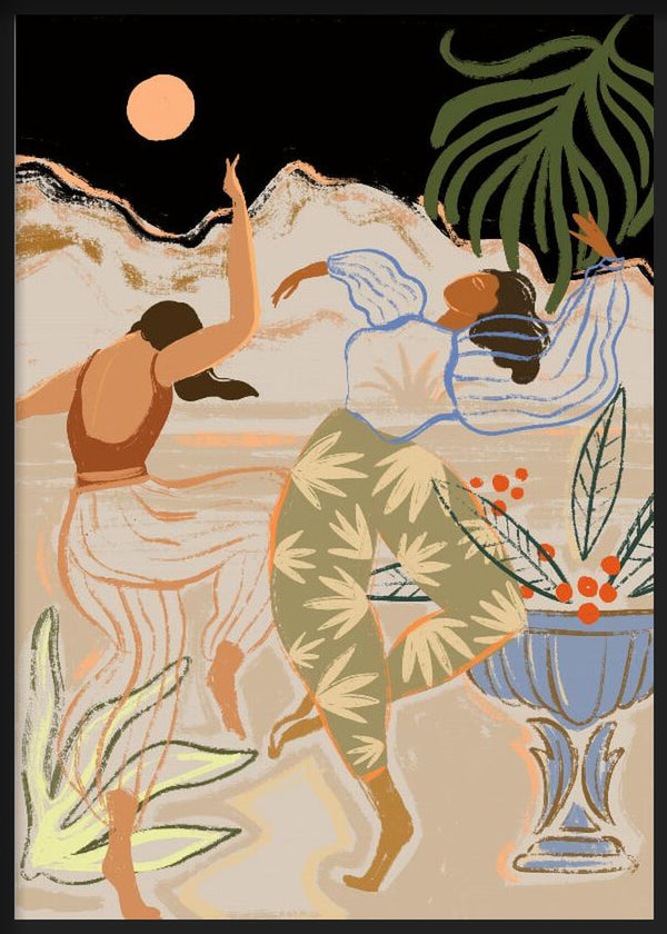 Quadro emoldurado com duas mulheres a dançar sob a lua, folhas tropicais, montanhas claras, taça decorativa, tons areia, preto, verde oliva e azul suave, estilo ilustração. Disponível em kudeko.com