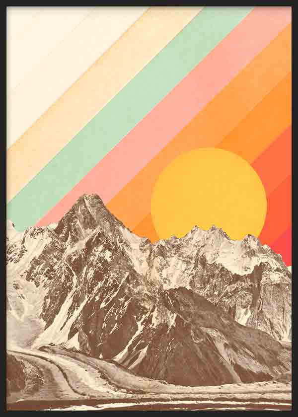 Cuadro collage de montañas sobre ilustración colorida y sol. Una obra de carácter retro con mucho estilo y personalidad