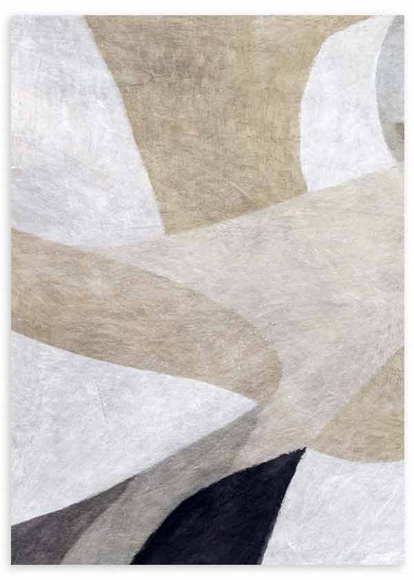 Quadro abstrato com formas orgânicas sobrepostas em bege, branco quebrado, cinzento suave e preto, numa composição equilibrada de estilo contemporâneo para parede. Disponível em kudeko.com