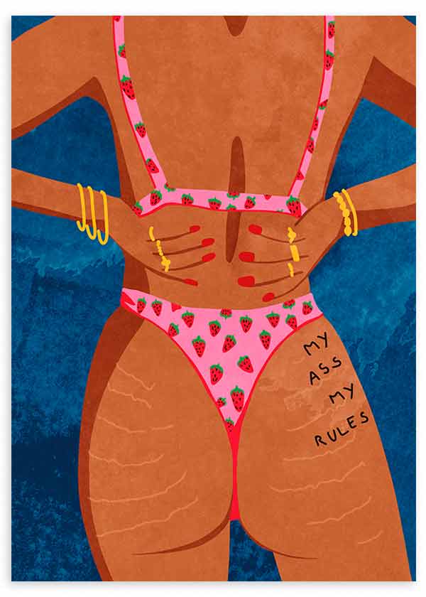 Cuadro de ilustración nude artística de mujer en vikini rosa con fresas y frase tatuada "My ass my rules"