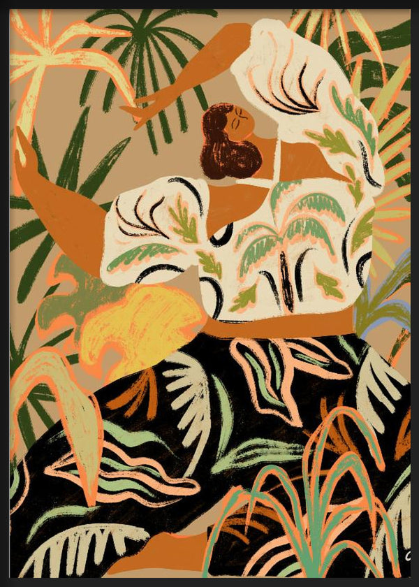 Tableau représentant une femme allongée entre de grandes feuilles tropicales, avec robe blanche à motifs, tons beige, vert olive, noir, corail et style illustration bohème. Disponible sur kudeko.com