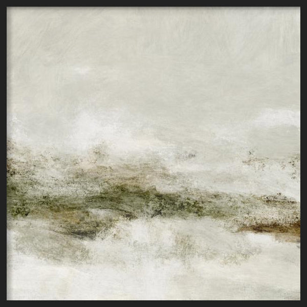 Cuadro cuadrado con paisaje abstracto en tonos marfil, blanco roto, verde oliva y tierra, con composición etérea y estilo abstracto. Disponible en kudeko.com