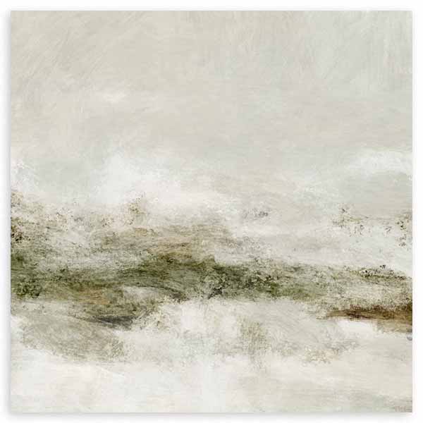 Quadratisches Wandbild mit abstrakter Landschaft in Elfenbein, Off-White, Olivgrün und Erdtönen, nebliger Komposition und klarer abstrakter Formsprache als gerahmte Wanddekoration. Erhältlich auf kudeko.com