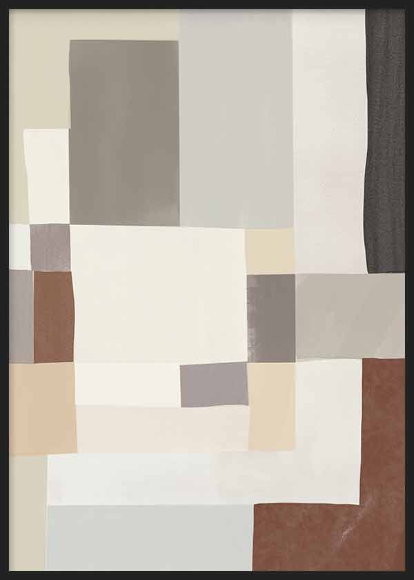 Wandbild mit geometrischer Komposition aus überlagerten Rechtecken in Beige, Grau, Off-White, Ziegelbraun und Schwarz, im klaren zeitgenössischen Stil gestaltet. Erhältlich auf kudeko.com