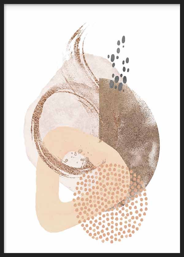 Cuadro de composición abstracta con formas orgánicas beige, arena, topo, cobre suave, puntos negros y fondo blanco, de estilo abstracto. Disponible en kudeko.com
