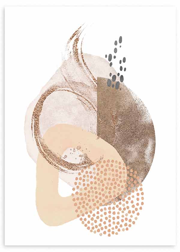 Cuadro de composición abstracta con formas orgánicas beige, arena, topo, cobre suave, puntos negros y fondo blanco, de estilo abstracto. Disponible en kudeko.com
