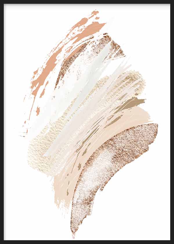 Cuadro con composición abstracta de trazos amplios en beige, arena, blanco roto y rosa empolvado sobre fondo claro, de estilo abstracto. Disponible en kudeko.com