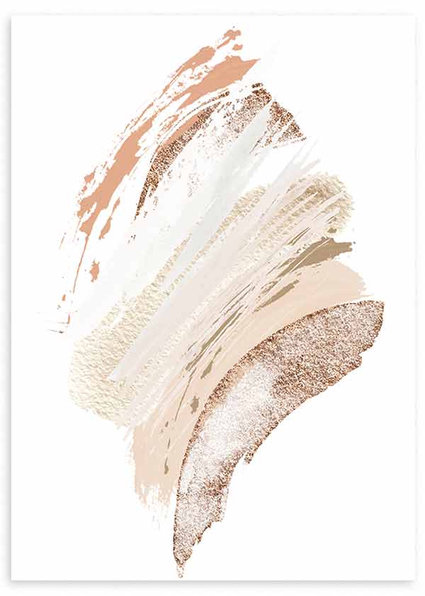 Cuadro con composición abstracta de trazos amplios en beige, arena, blanco roto y rosa empolvado sobre fondo claro, de estilo abstracto. Disponible en kudeko.com