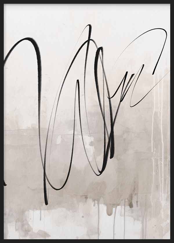Cuadro con líneas negras sinuosas sobre fondo beige, gris suave y blanco roto, composición de estilo abstracto con aire moderno y elegante. Disponible en kudeko.com