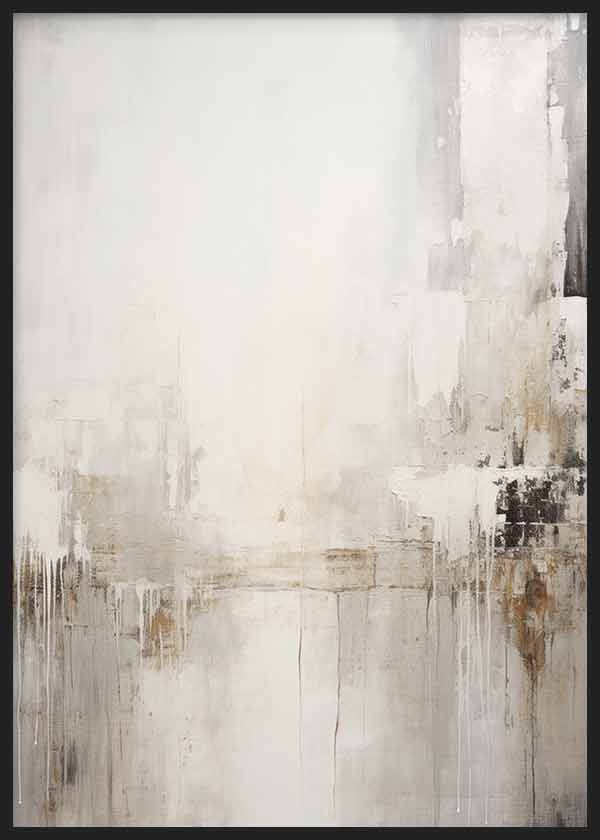 Cuadro de composición abstracta en tonos blanco roto, beige, gris suave y marrón, con texturas difusas y acentos oscuros de estilo abstracto. Disponible en kudeko.com