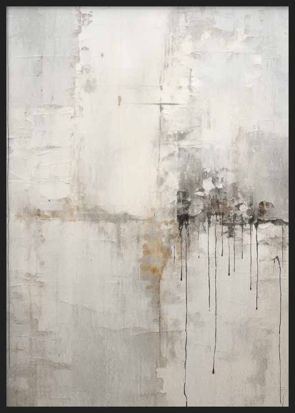 Cuadro abstracto en tonos blanco roto, gris, beige y negro, con texturas suaves, veladuras difusas y acentos oscuros de estilo abstracto. Disponible en kudeko.com