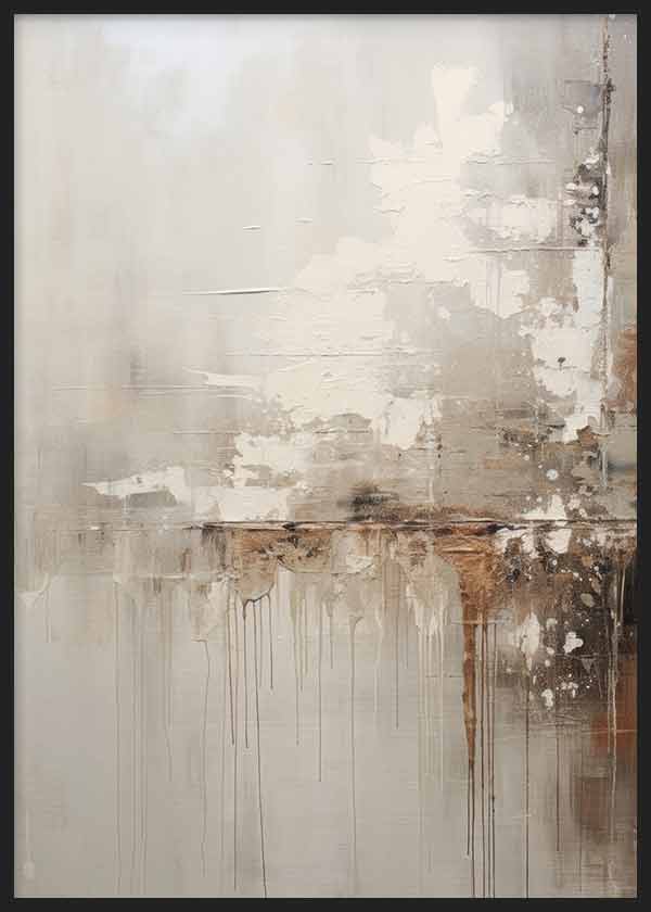 Cuadro abstracto con composición en beige, blanco roto, gris y marrón tierra, texturas suaves, manchas irregulares y efecto visual sereno de estilo abstracto. Disponible en kudeko.com