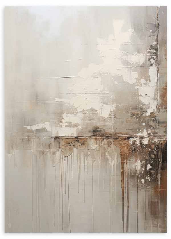 Cuadro abstracto con composición en beige, blanco roto, gris y marrón tierra, texturas suaves, manchas irregulares y efecto visual sereno de estilo abstracto. Disponible en kudeko.com