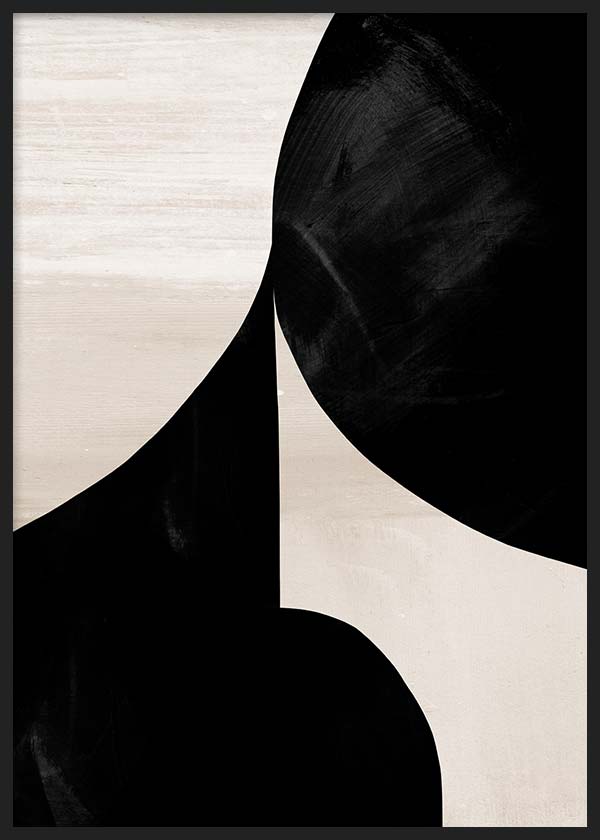 Cuadro de formas curvas negras sobre fondo beige claro, con contraste marcado y composición elegante de estilo abstracto. Disponible en kudeko.com