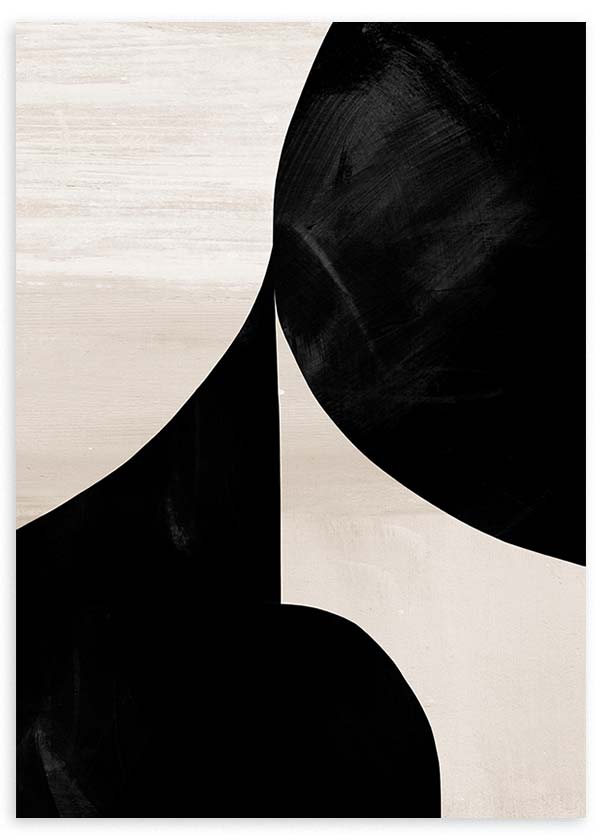 Cuadro de formas curvas negras sobre fondo beige claro, con contraste marcado y composición elegante de estilo abstracto. Disponible en kudeko.com