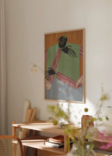 Cuadro decorativo de estilo minimalista y orgánico colocado en salón, figura femenina abstracta e introspectiva, modelo No Place to Be