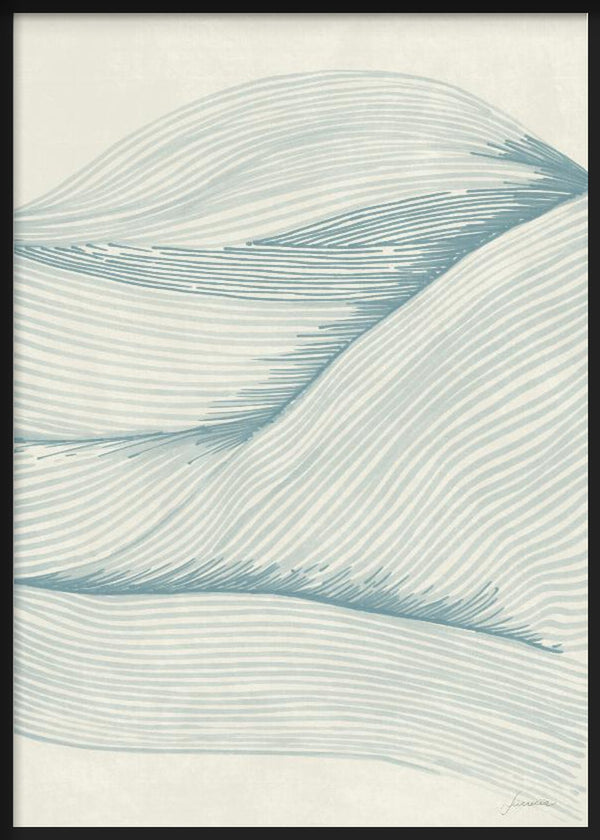 Cuadro con formas onduladas de líneas finas en azul grisáceo sobre fondo marfil, composición abstracta de estilo minimalista. Disponible en kudeko.com