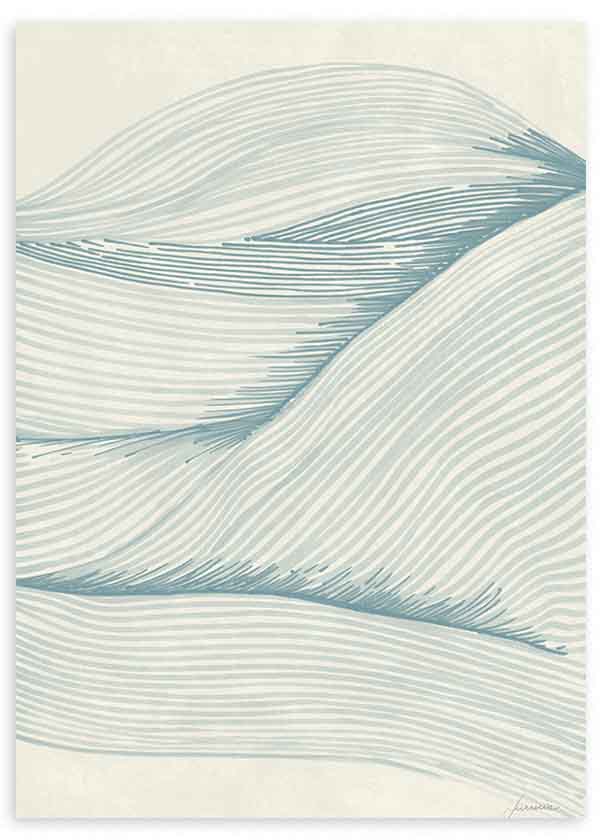 Cuadro con formas onduladas de líneas finas en azul grisáceo sobre fondo marfil, composición abstracta de estilo minimalista. Disponible en kudeko.com