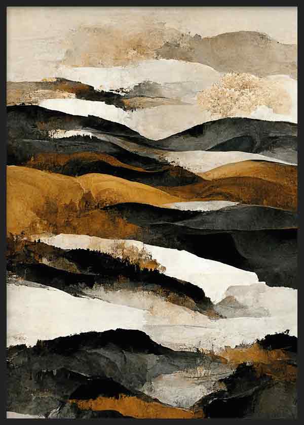 Tableau de montagnes abstraites en couches ondulées, avec tons ocre, beige, noir, gris anthracite et blanc cassé, dans un style abstrait contemporain. Disponible sur kudeko.com