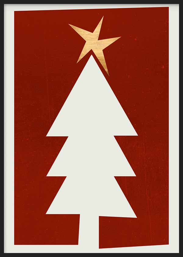 Cuadro de árbol de Navidad blanco con estrella dorada sobre fondo rojo intenso, composición limpia de estilo minimalista. Disponible en kudeko.com