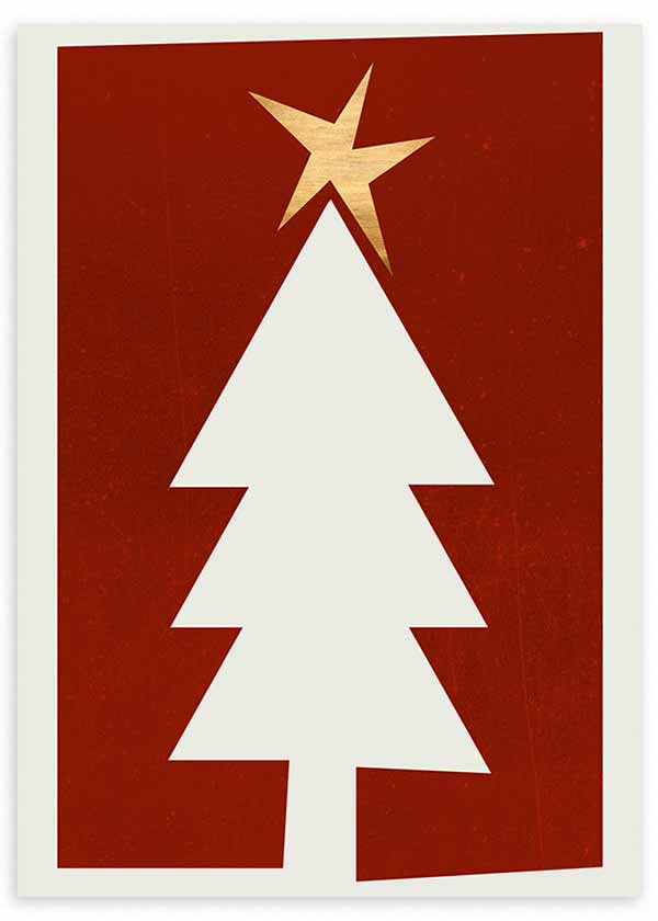 Gerahmtes Wandbild mit weißem geometrischem Weihnachtsbaum, goldenem Stern, rotem Hintergrund und klarer Komposition im minimalistischen Stil. Erhältlich auf kudeko.com