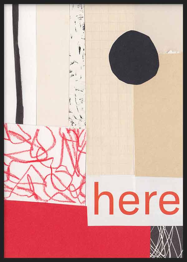 Cuadro con composición abstracta en beige, blanco, rojo intenso y negro, con círculo irregular, bloques geométricos, líneas rojas y texto here, de estilo abstracto. Disponible en kudeko.com