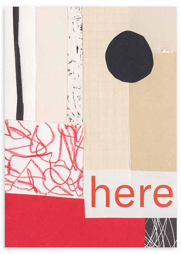Cuadro con composición abstracta en beige, blanco, rojo intenso y negro, con círculo irregular, bloques geométricos, líneas rojas y texto here, de estilo abstracto. Disponible en kudeko.com