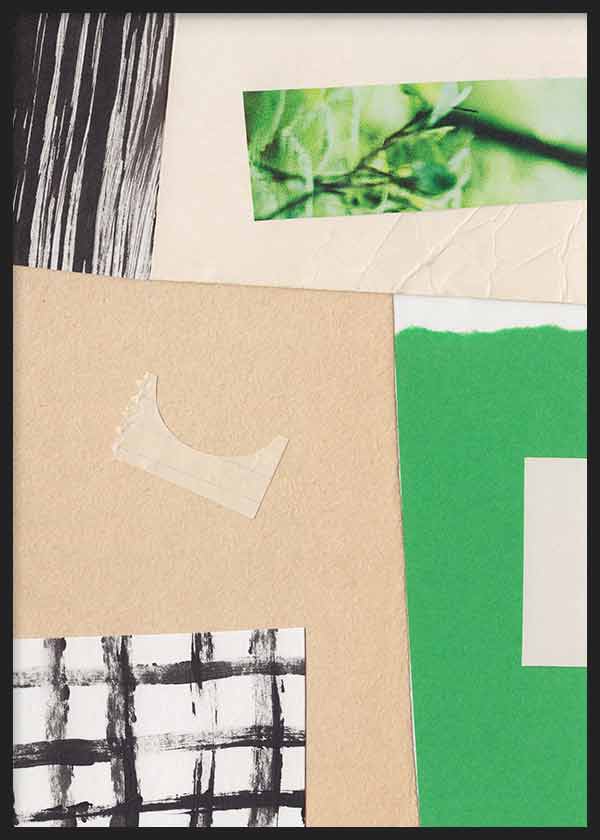 Cuadro de composición abstracta con recortes verdes, beige, blanco y negro, texturas de papel, detalles gráficos y acento vegetal desenfocado, de estilo abstracto. Disponible en kudeko.com