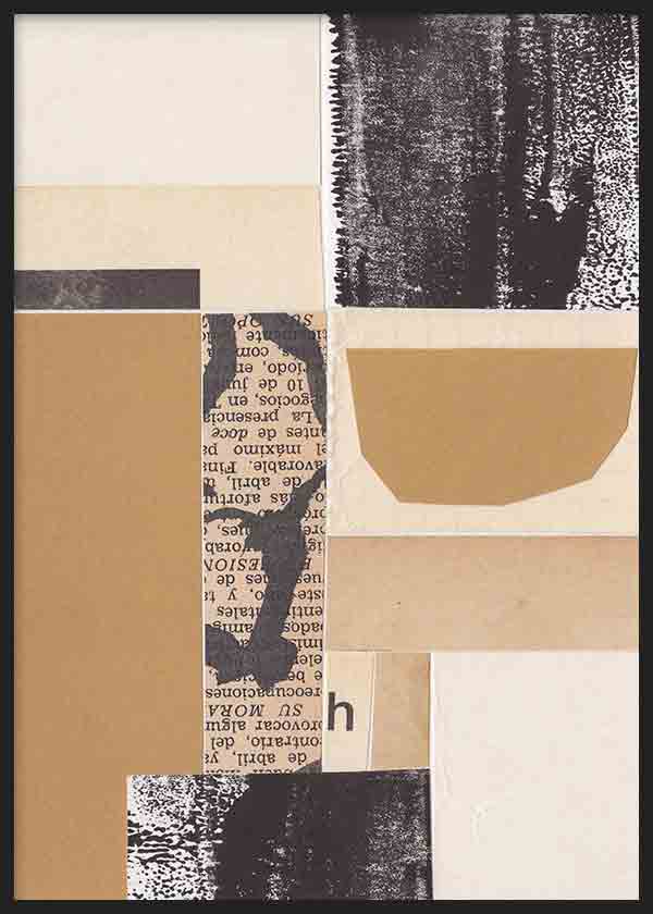 Cuadro con composición abstracta de recortes tipográficos, bloques beige, negro y blanco roto, con formas geométricas suaves y texturas gráficas de estilo abstracto. Disponible en kudeko.com