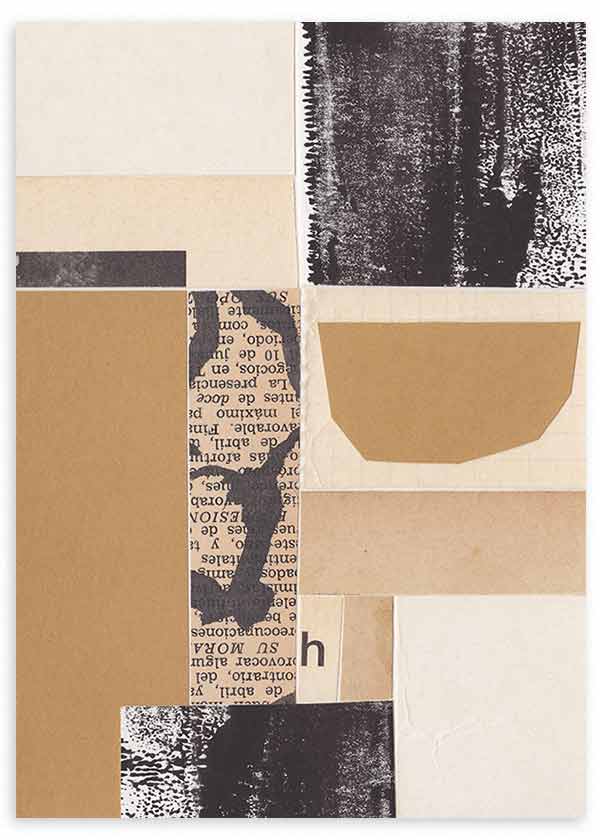 Cuadro con composición abstracta de recortes tipográficos, bloques beige, negro y blanco roto, con formas geométricas suaves y texturas gráficas de estilo abstracto. Disponible en kudeko.com