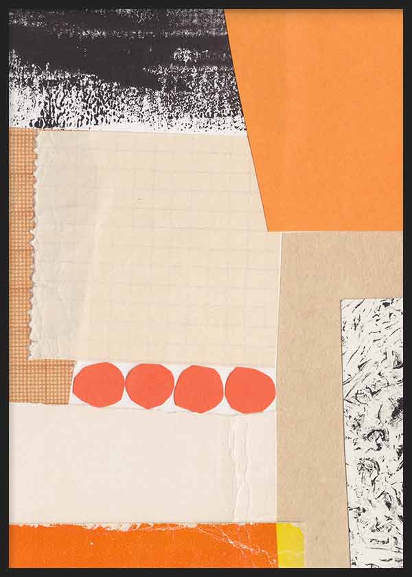 Tableau avec composition abstraite de blocs beige, crème, noir, blanc et orange, cercles corail, textures superposées et style géométrique contemporain. Disponible sur kudeko.com