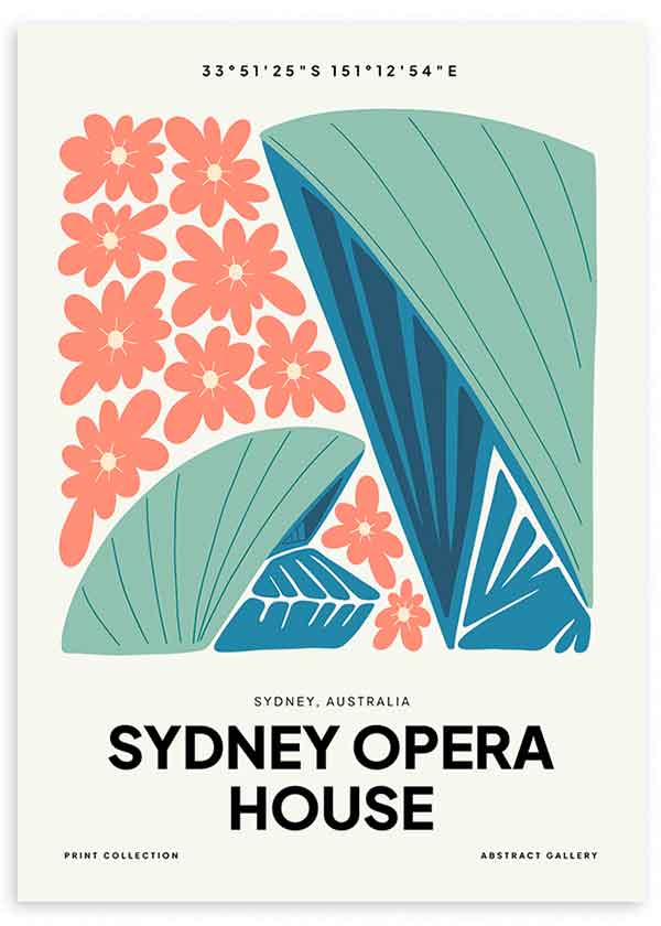 Cuadro de la Ópera de Sídney con formas arquitectónicas azules y turquesa, flores coral sobre fondo claro y estilo ilustración retro moderna. Disponible en kudeko.com