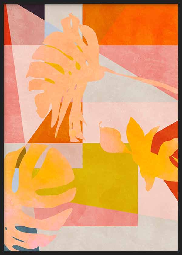 Cuadro con hojas tropicales en siluetas suaves sobre composición geométrica en tonos naranja, rosa, amarillo y beige, de estilo geométrico. Disponible en kudeko.com