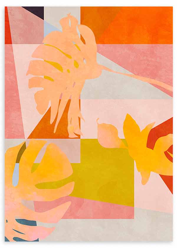 Tableau encadré avec feuilles tropicales en silhouettes douces sur composition géométrique orange, rose, jaune et beige, dans un style inspiré du Bauhaus. Disponible sur kudeko.com